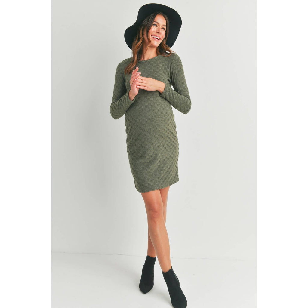 Textured Knit Long Sleeve Maternity Mini Dress (Green)