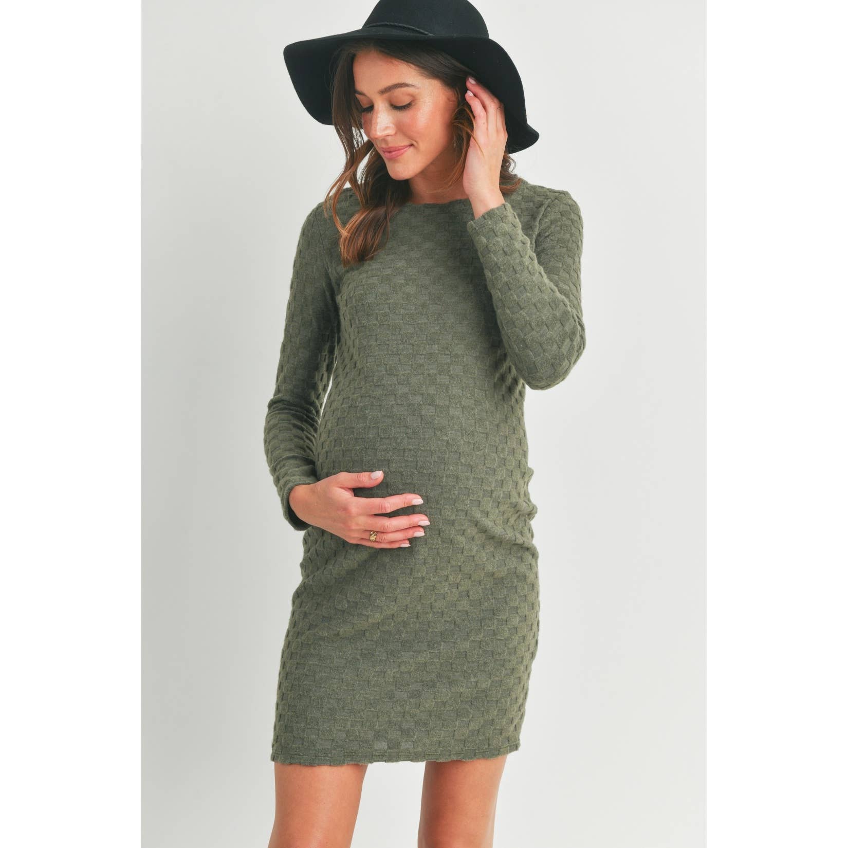 Textured Knit Long Sleeve Maternity Mini Dress (Green)