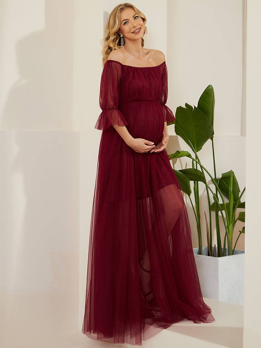 A Line Puff Sleeves Mesh Maternity Dress