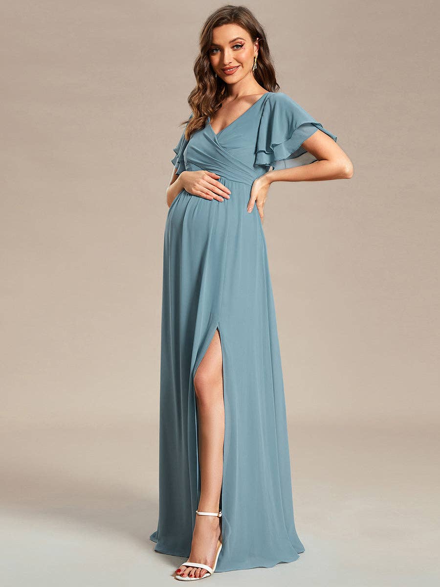 Ruffle Sleeves Split Chiffon Maternity Dress