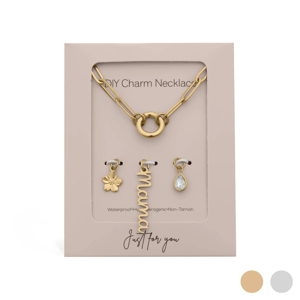 18K Gold Stainless Steel Mama Charm Holder Necklace Gift Set: Gold