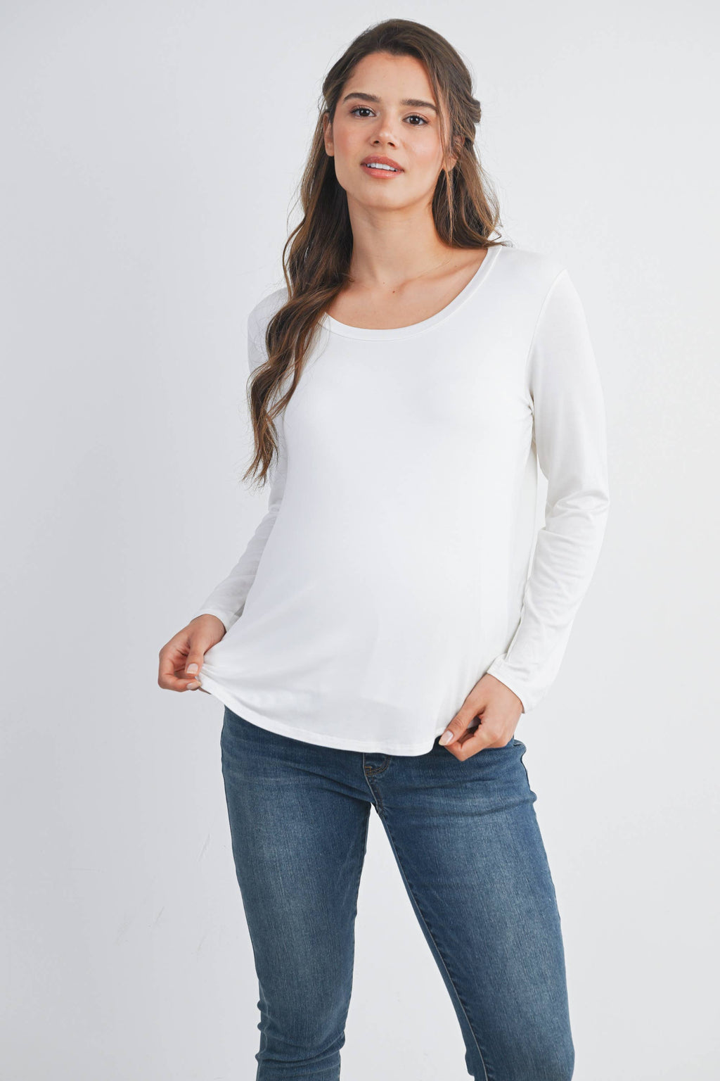 Scoop Neck Long Sleeve Nursing Maternity Soft Stretch Top (Ivory)