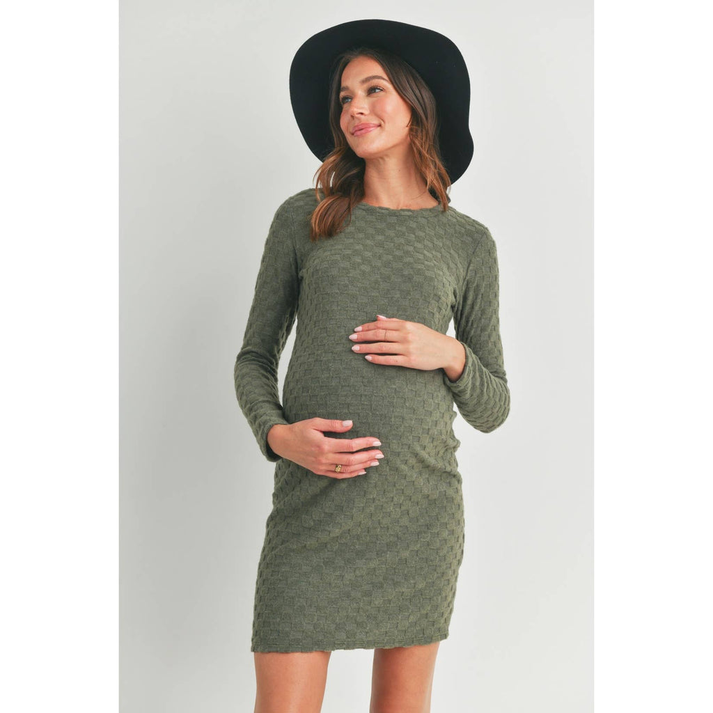 Textured Knit Long Sleeve Maternity Mini Dress (Green)