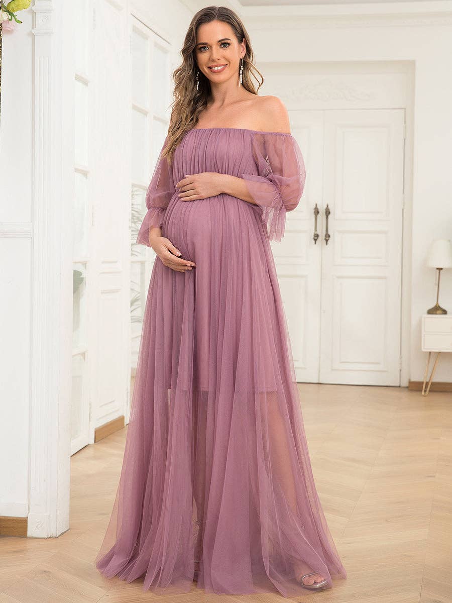 A Line Puff Sleeves Mesh Maternity Dress