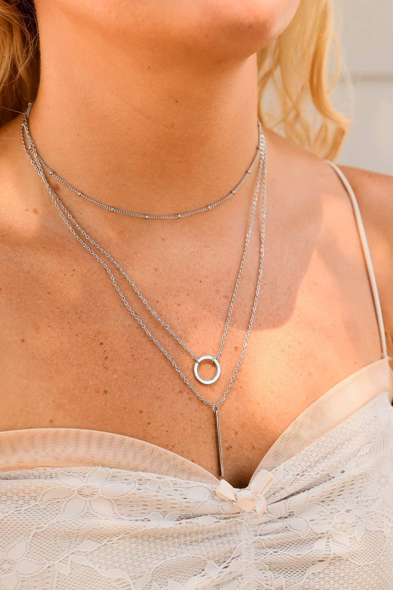 18K Gold PVD Stainless Steel 3 Row Layered Chain Necklace: Stainless