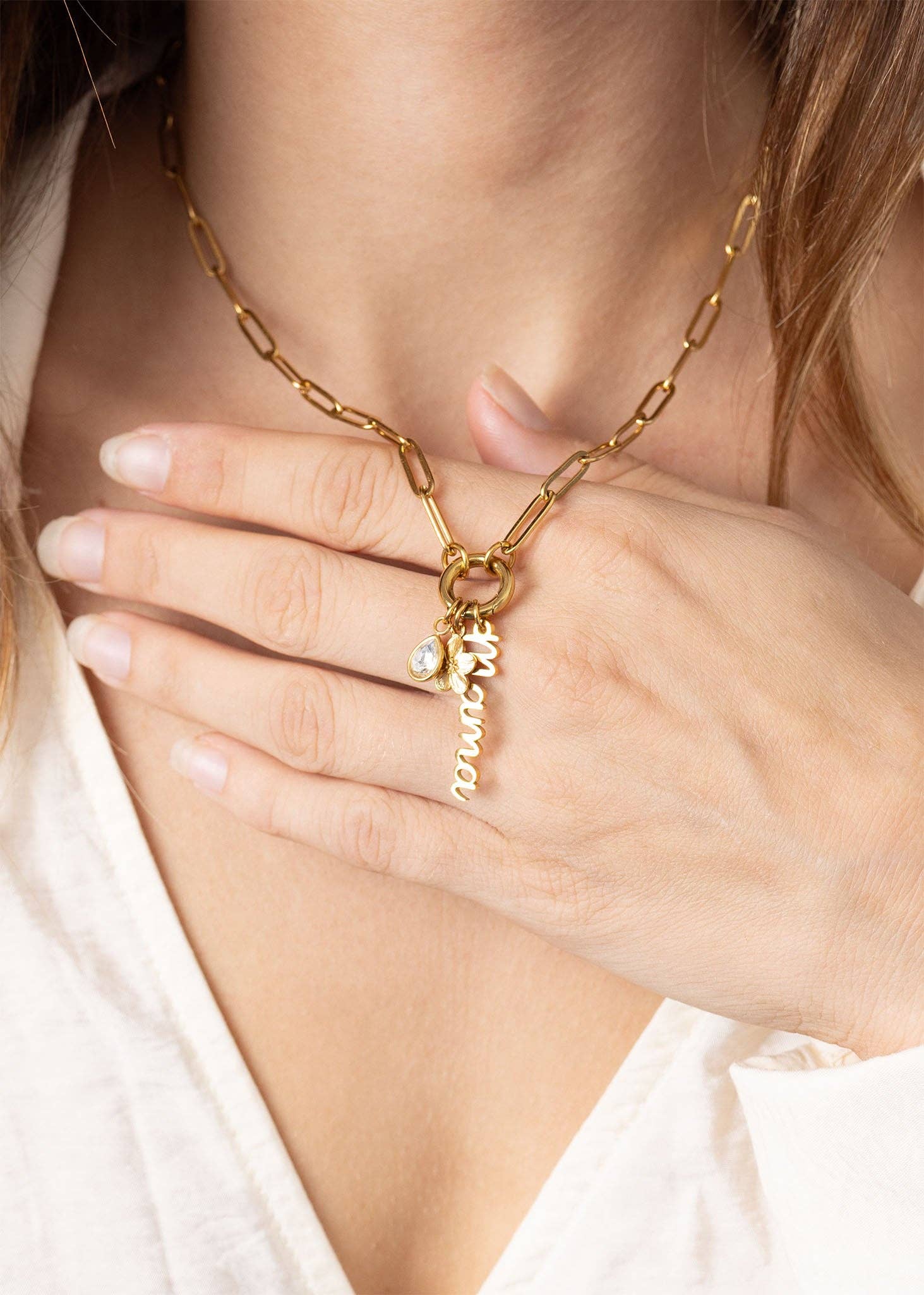 18K Gold Stainless Steel Mama Charm Holder Necklace Gift Set: Gold