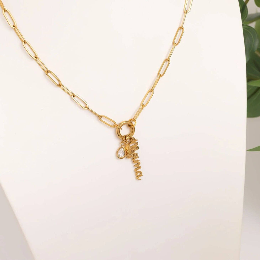 18K Gold Stainless Steel Mama Charm Holder Necklace Gift Set: Gold