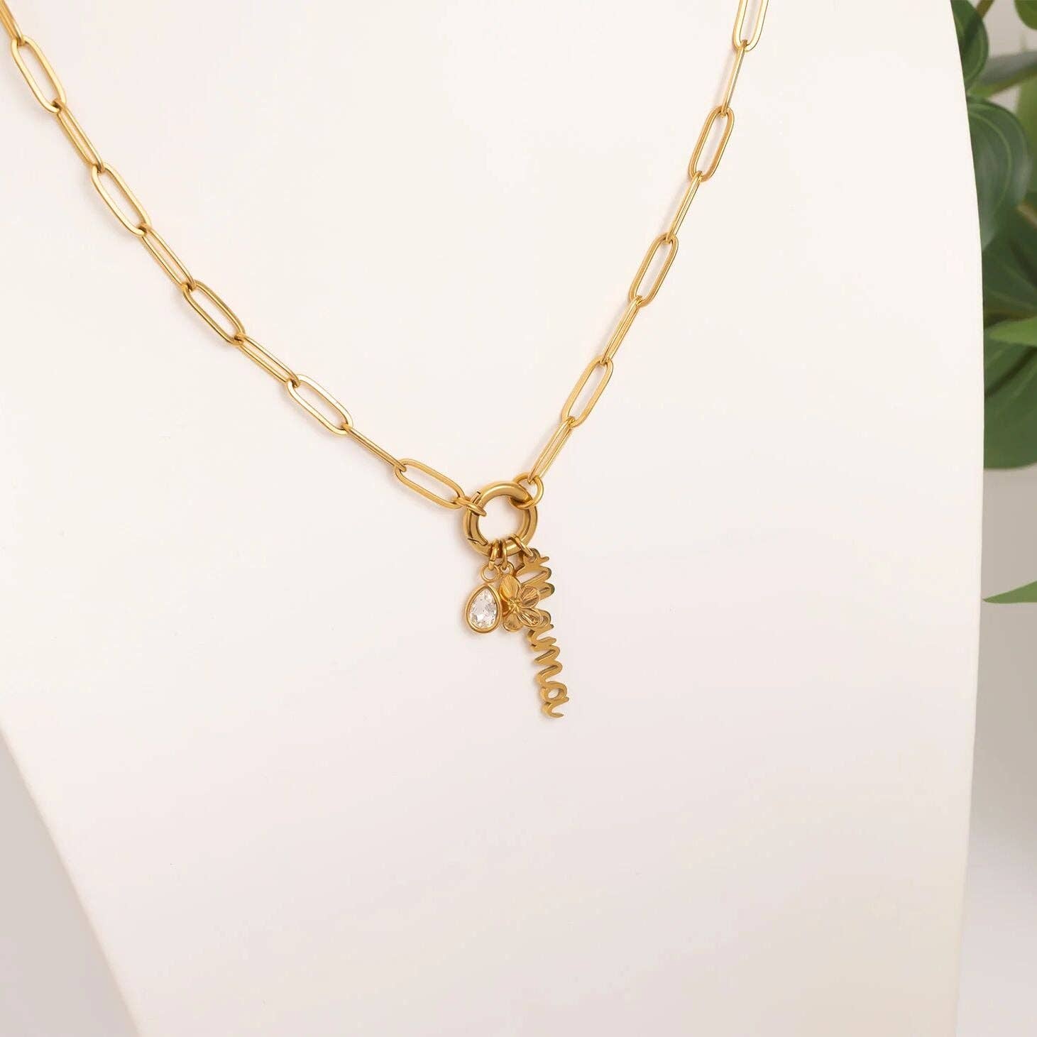 18K Gold Stainless Steel Mama Charm Holder Necklace Gift Set: Gold