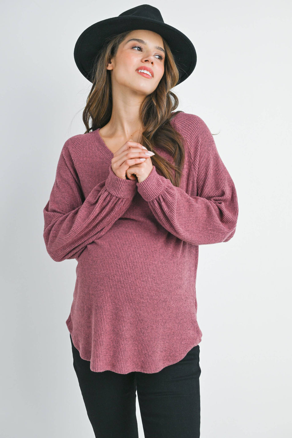 Ribbed V-Neck Long Sleeve Maternity Top (Mauve)