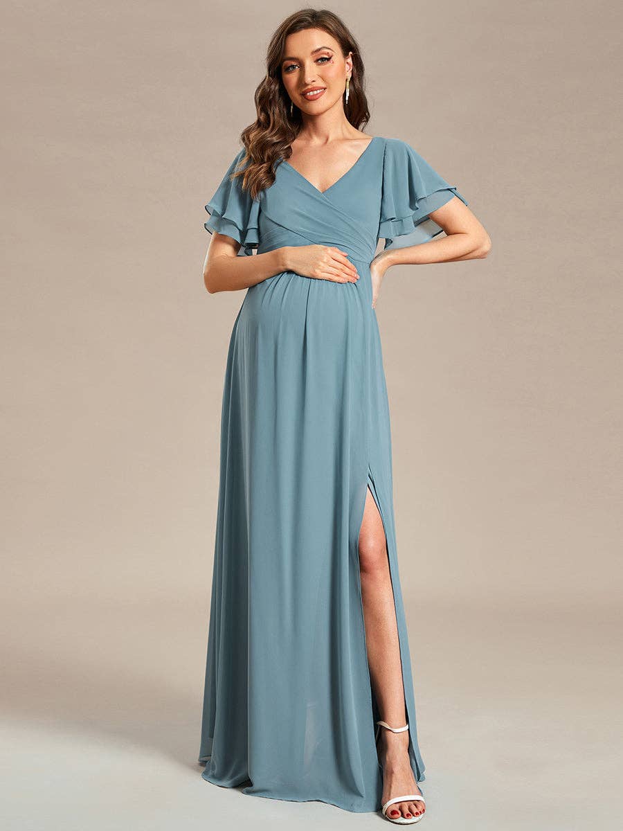 Ruffle Sleeves Split Chiffon Maternity Dress