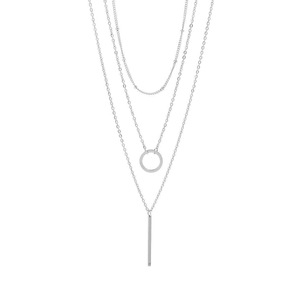 18K Gold PVD Stainless Steel 3 Row Layered Chain Necklace: Stainless