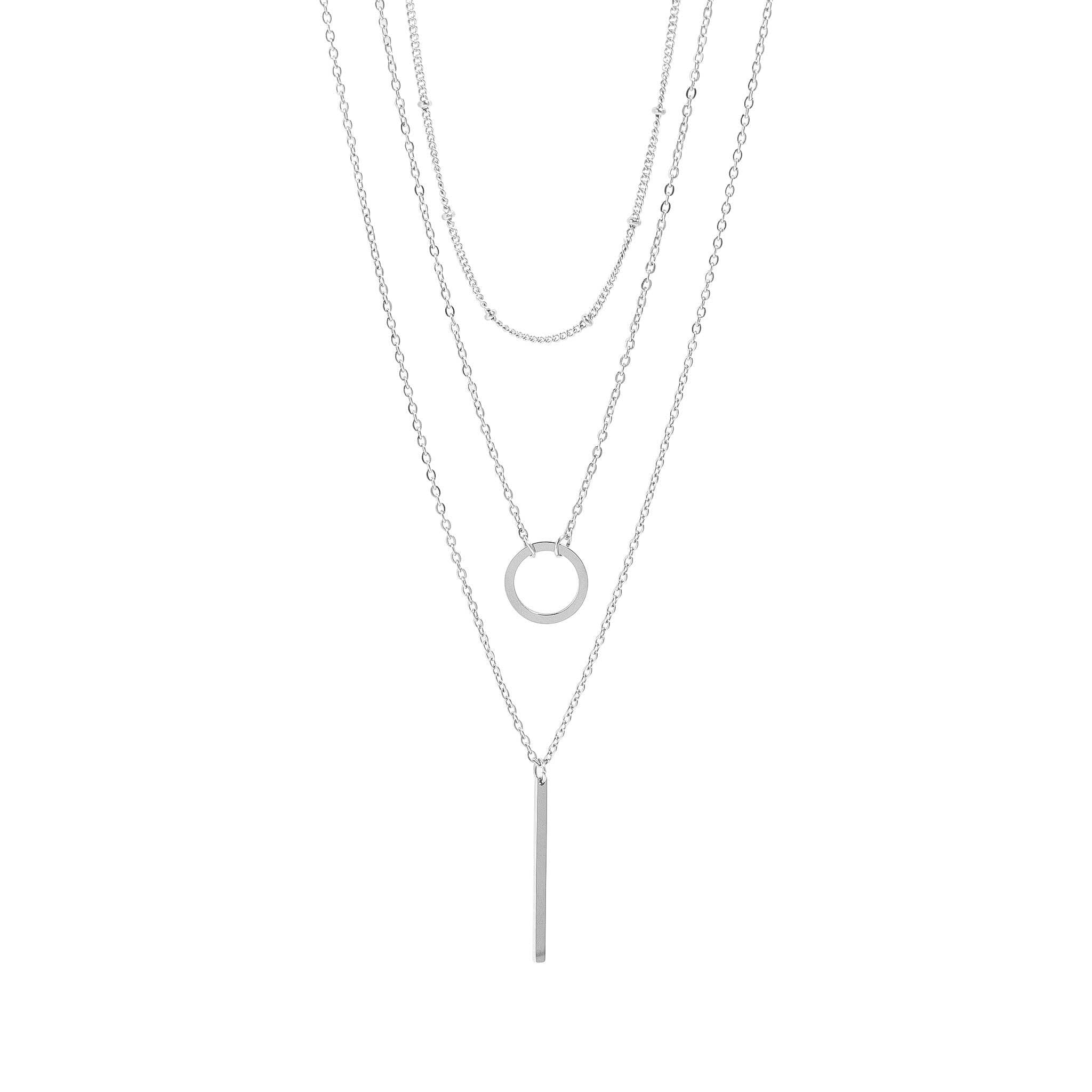 18K Gold PVD Stainless Steel 3 Row Layered Chain Necklace: Stainless