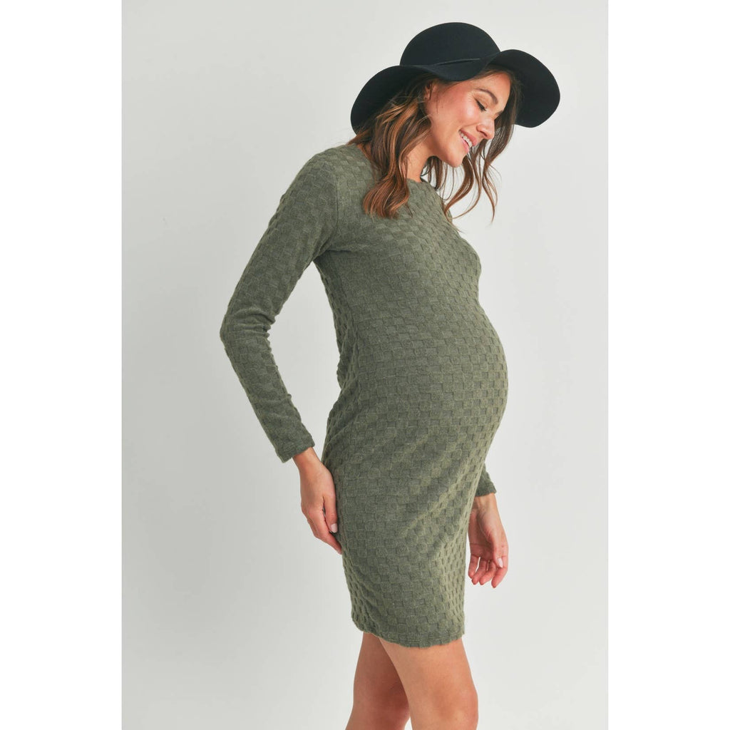 Textured Knit Long Sleeve Maternity Mini Dress (Green)