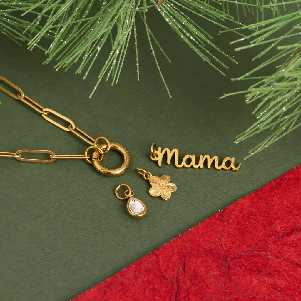 18K Gold Stainless Steel Mama Charm Holder Necklace Gift Set: Gold