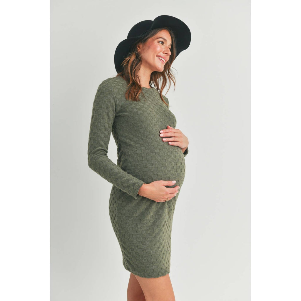 Textured Knit Long Sleeve Maternity Mini Dress (Green)