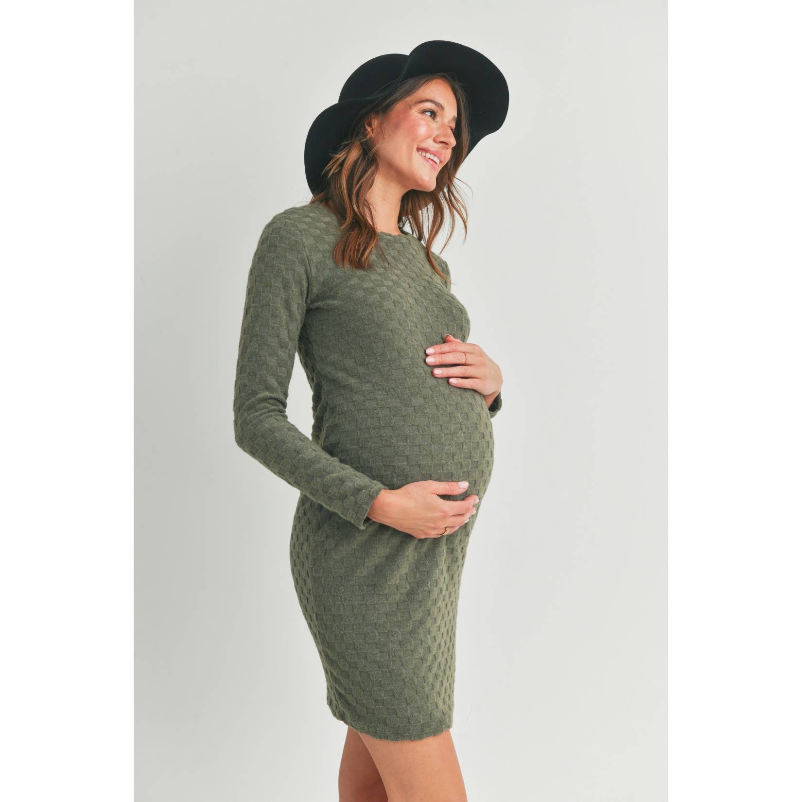 Textured Knit Long Sleeve Maternity Mini Dress (Green)